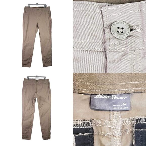 Eddie Bauer Pants Womens Size 14 Tan Khaki Straight Leg Flat Front - Picture 1 of 13